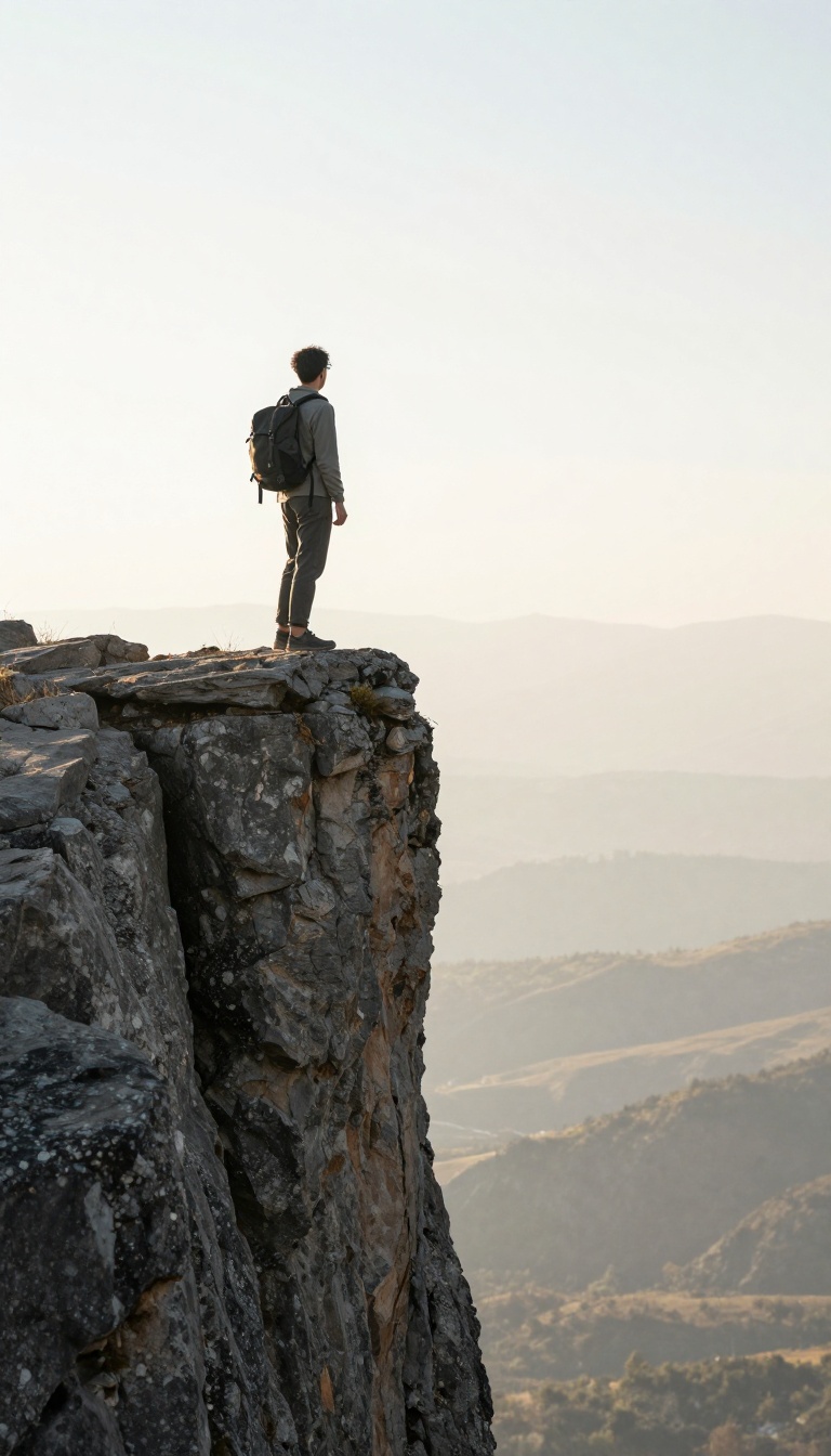 Person stepping out of their comfort zone at a cliff edge, overlooking a bright valley