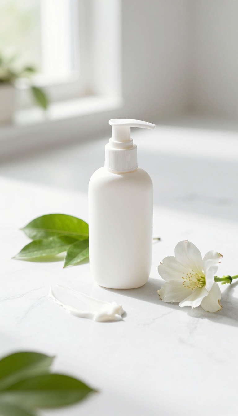 Sunscreen bottle and cream on a clean white surface with natural light and green leaves, representing daily sun protection for healthy skin.
