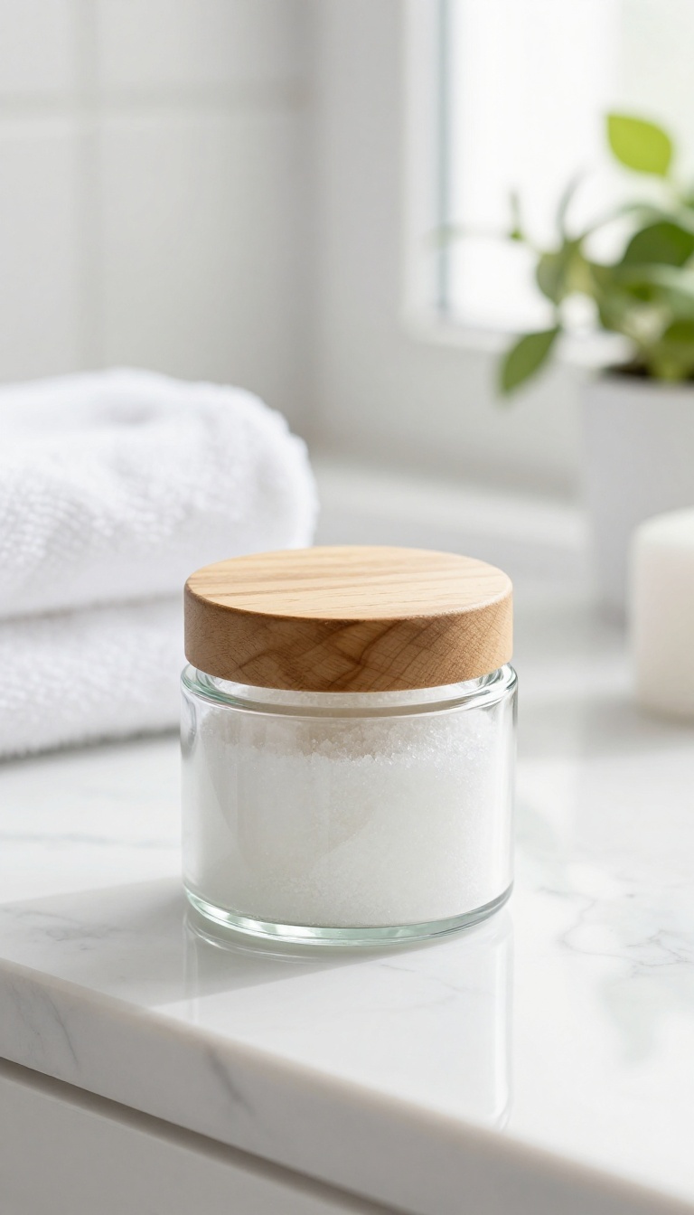 A jar of sugar body scrub on a marble bathroom counter