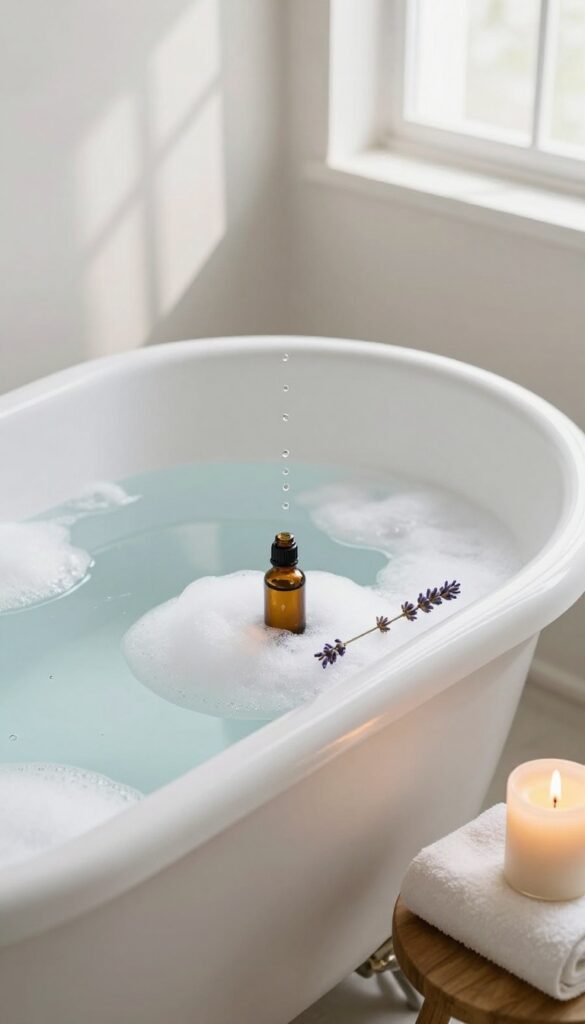 Foaming bath with essential oils in a clawfoot tub, lavender sprig and candle nearby