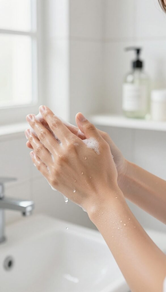 Person applying AHA body wash to their arm in a bright bathroom, showing smooth, glowing skin