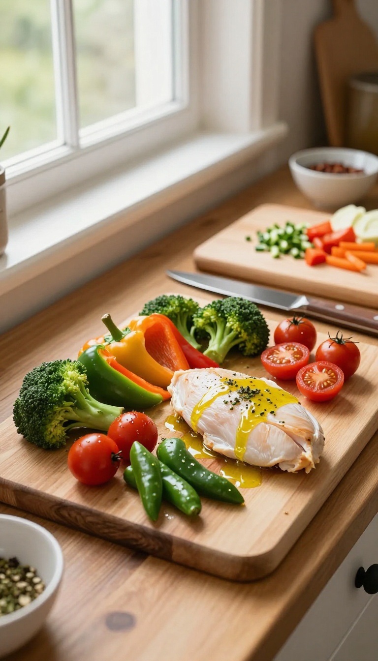 Overhead view of a healthy sheet-pan dinner preparation with fresh vegetables and chicken on a wooden counter.