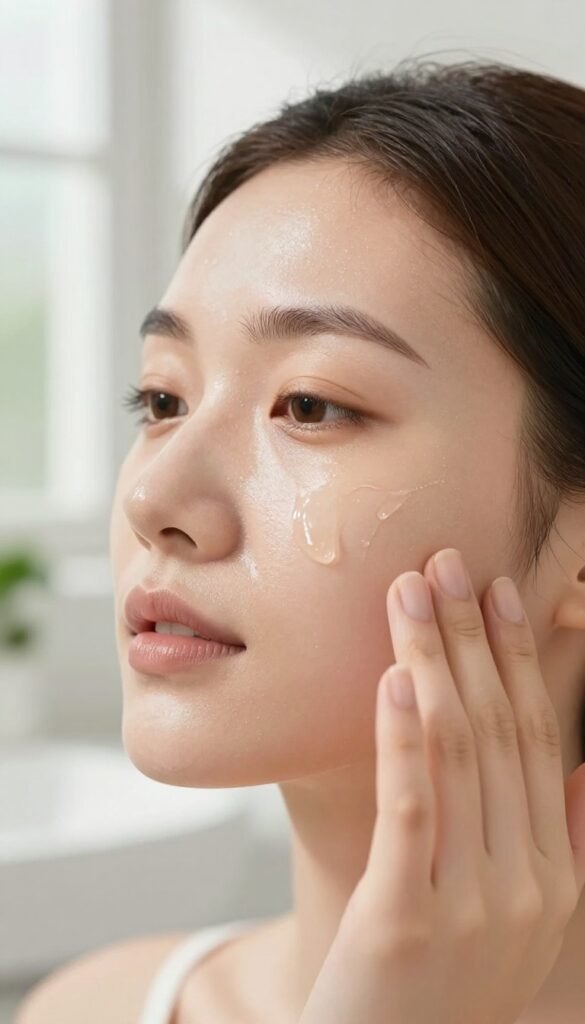 Woman applying hydrating serum to her damp skin in a bright bathroom