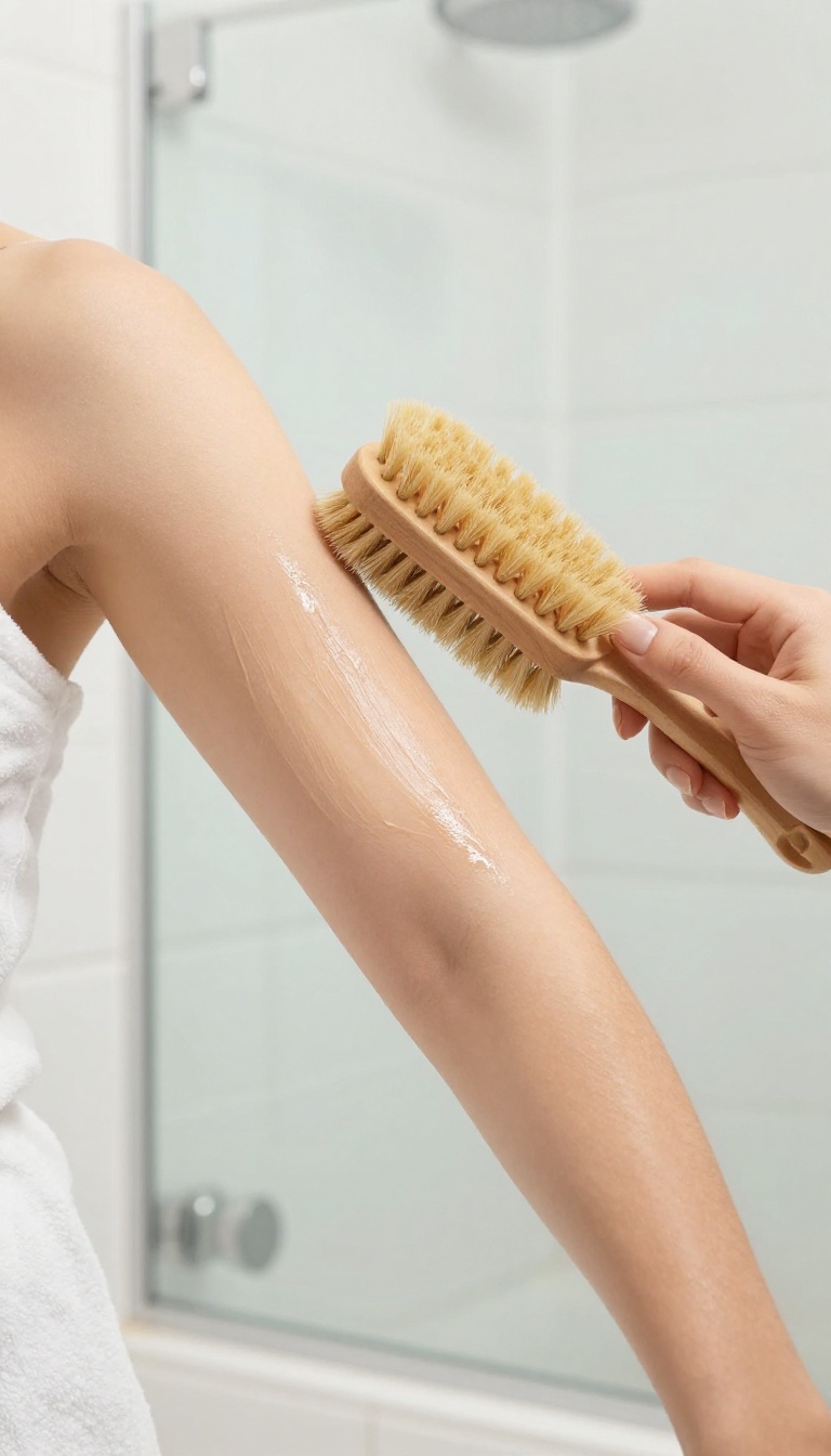 Woman dry brushing her arm with a natural-bristle brush in a bright bathroom