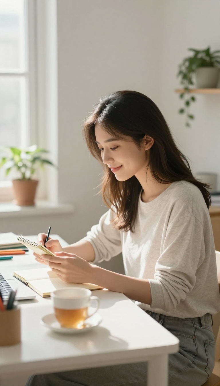 Young woman smiling at a notebook in a sunlit bedroom, embodying self-kindness and a positive glow up mindset.