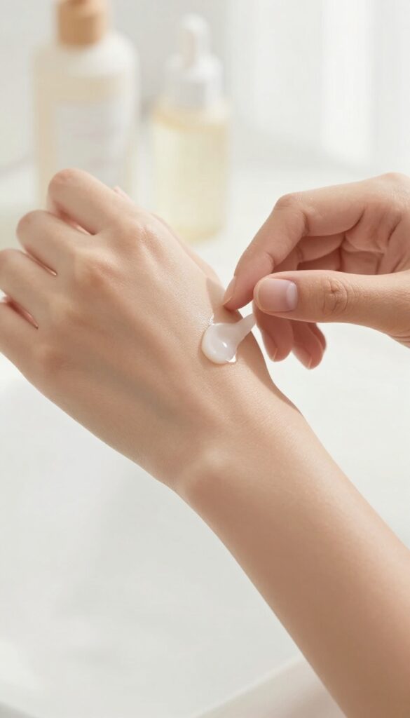 Woman applying anti-aging retinol body lotion to her arm in bright natural light, showing smooth, glowing skin.