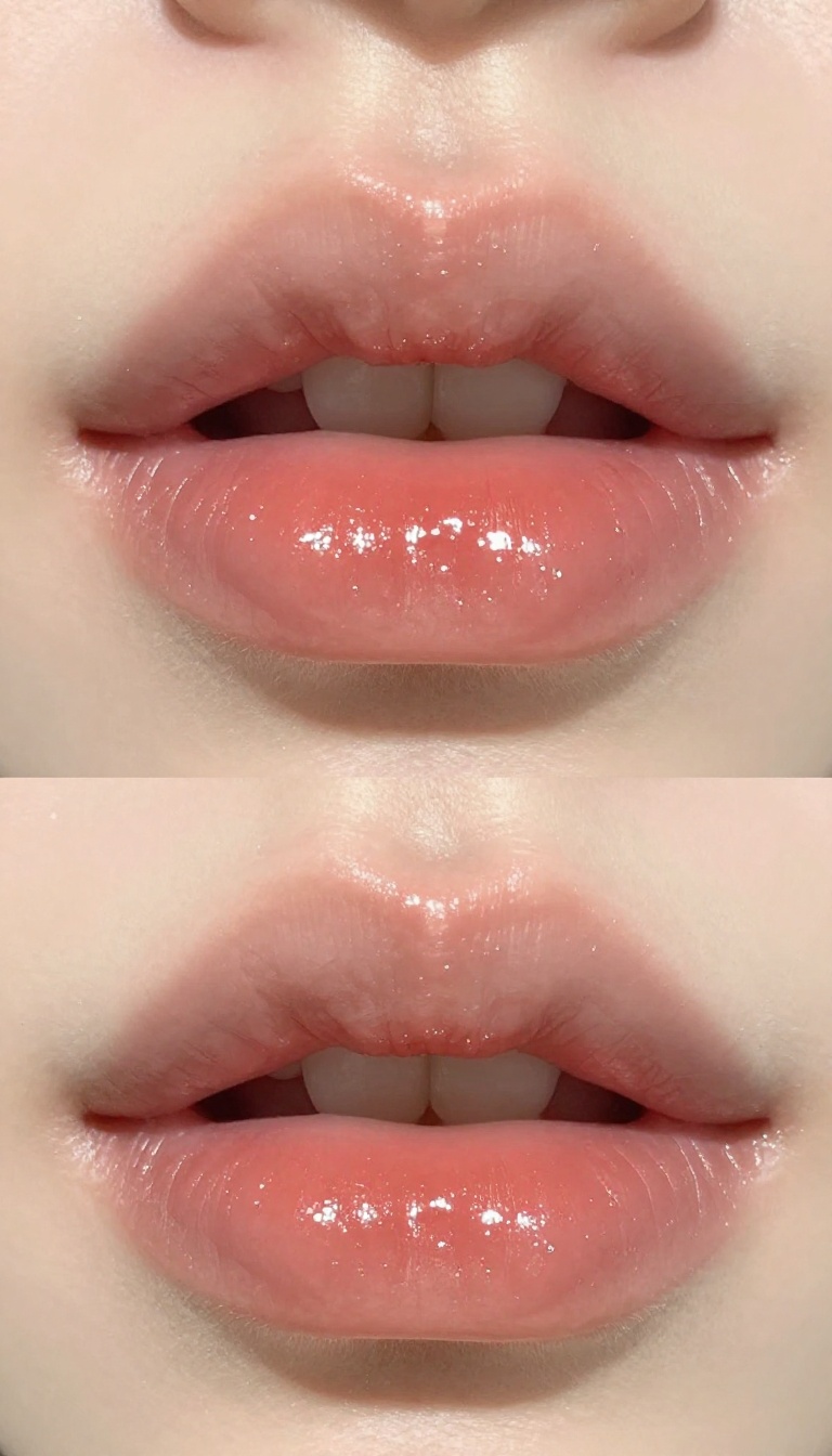 Woman's lips with clear gloss on the center, soft glow makeup look