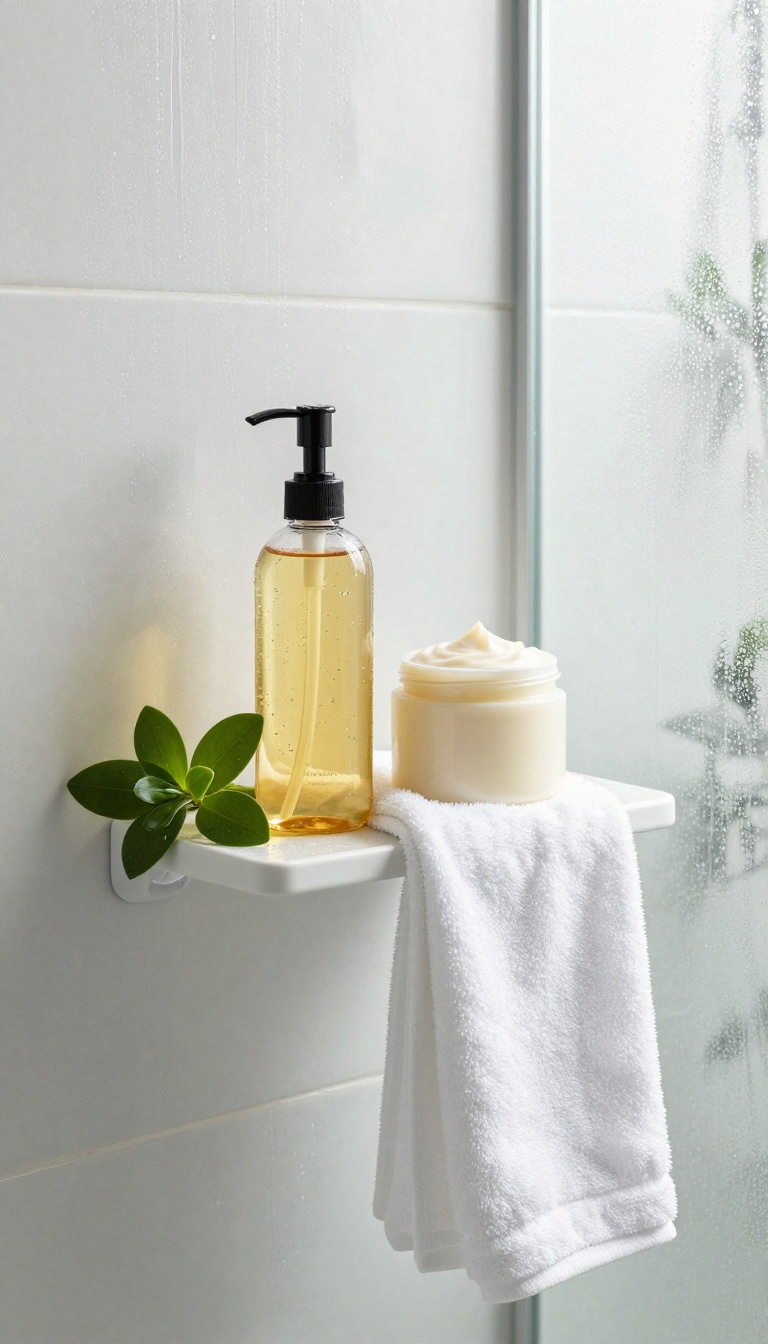 Hydrating shower oil and in-shower body conditioner on a bathroom shelf