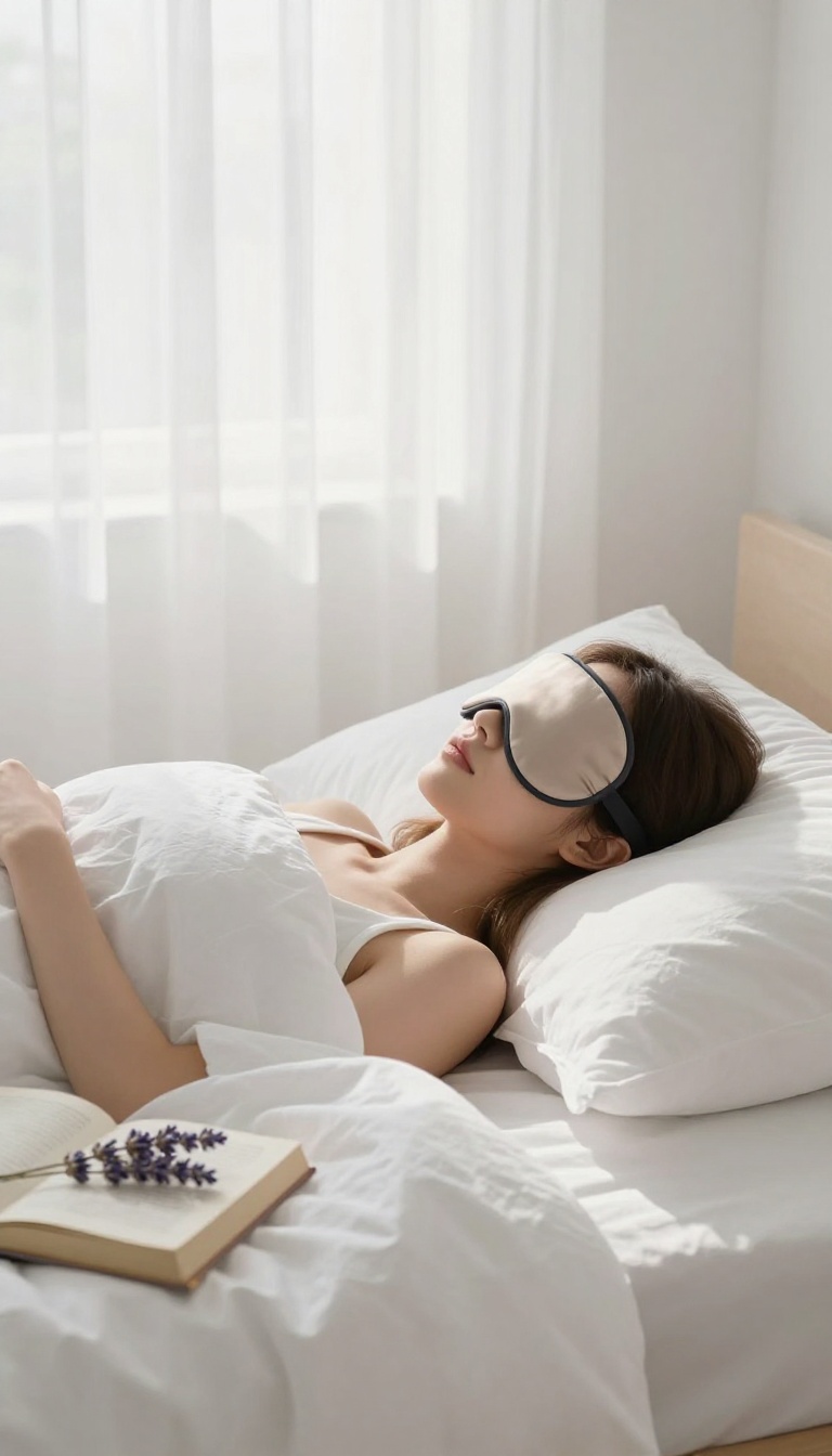 Woman sleeping peacefully in a bright, airy bedroom with soft morning light, symbolizing the beauty benefits of quality sleep and stress management.