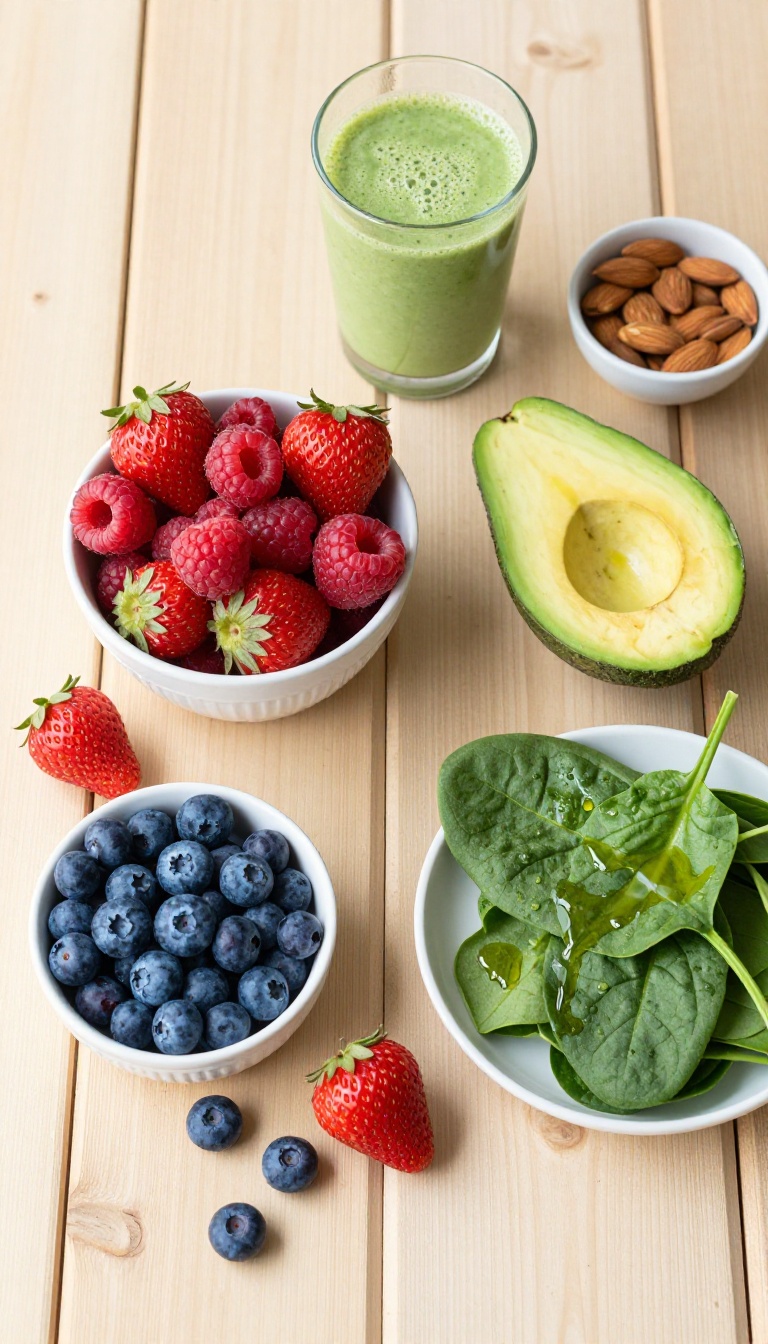 A balanced diet for glowing skin with berries, avocado, nuts, leafy greens, and olive oil on a wooden table