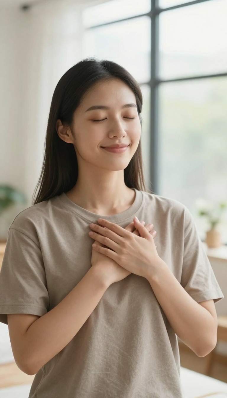 Person with hands on heart expressing gratitude for their body in a bright room