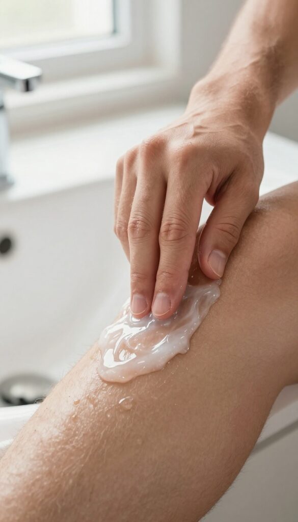 Man applying thick shaving gel to his leg in a bright bathroom