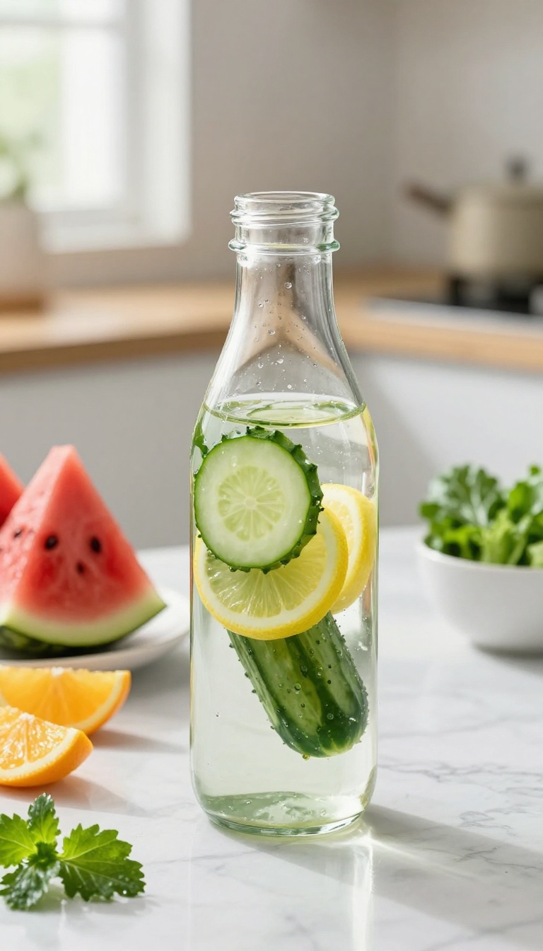 A clear water bottle infused with cucumber and lemon next to hydrating foods like watermelon and oranges on a marble table