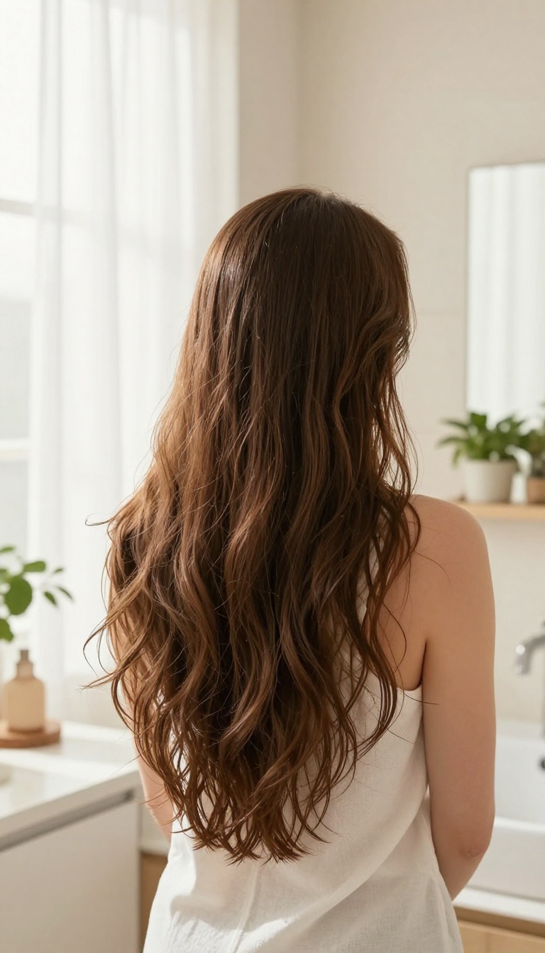 Woman with naturally air-dried hair in a bright bathroom, embodying a healthy post-shower routine