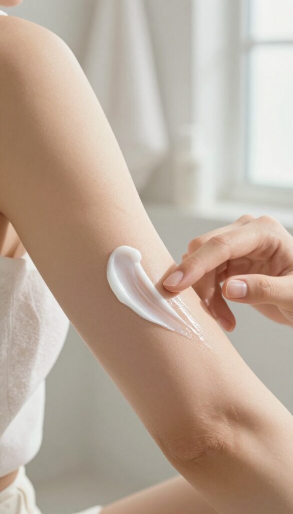 Woman applying rich cream to her elbow in a bright bathroom, emphasizing dry zone care.
