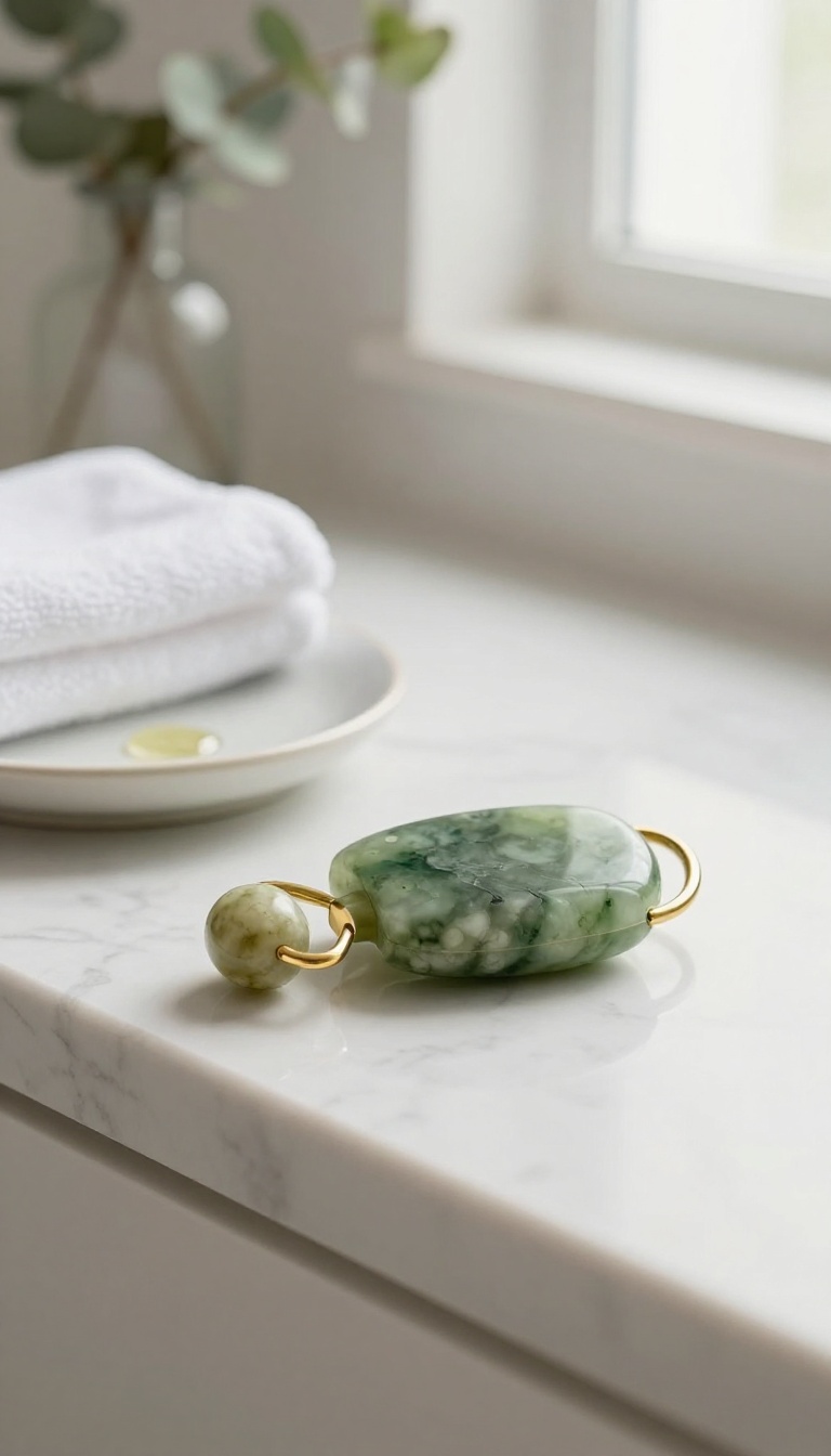 A jade massage roller for legs on a marble counter in a bright spa-like bathroom.