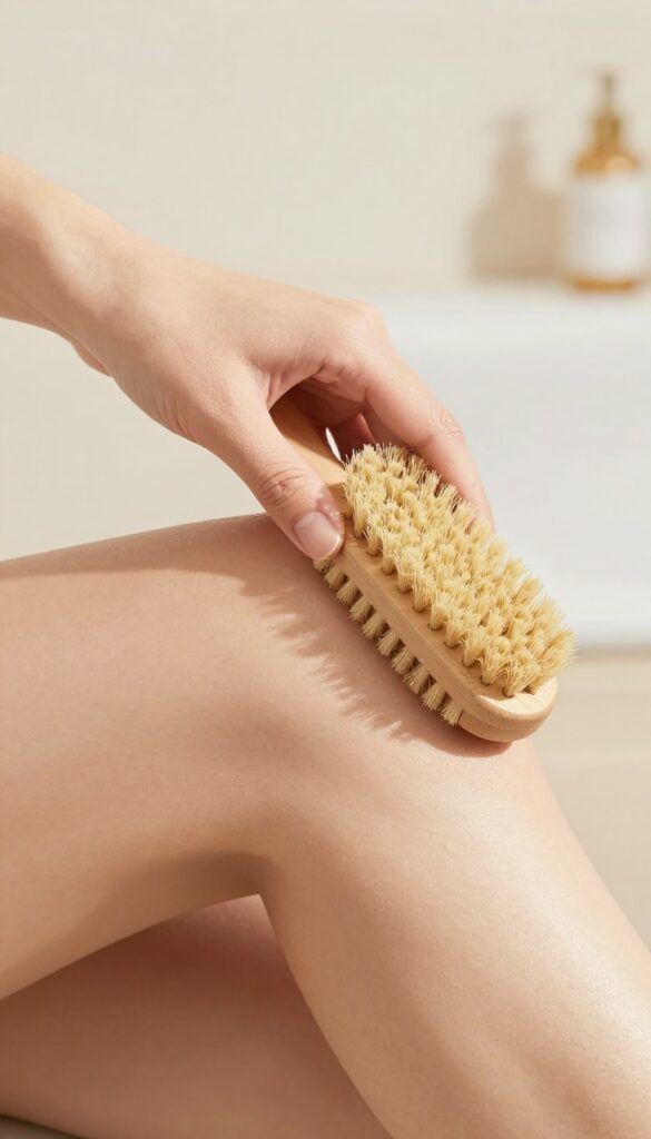 Woman dry brushing her skin with a natural-bristle brush before a shower in a bright bathroom