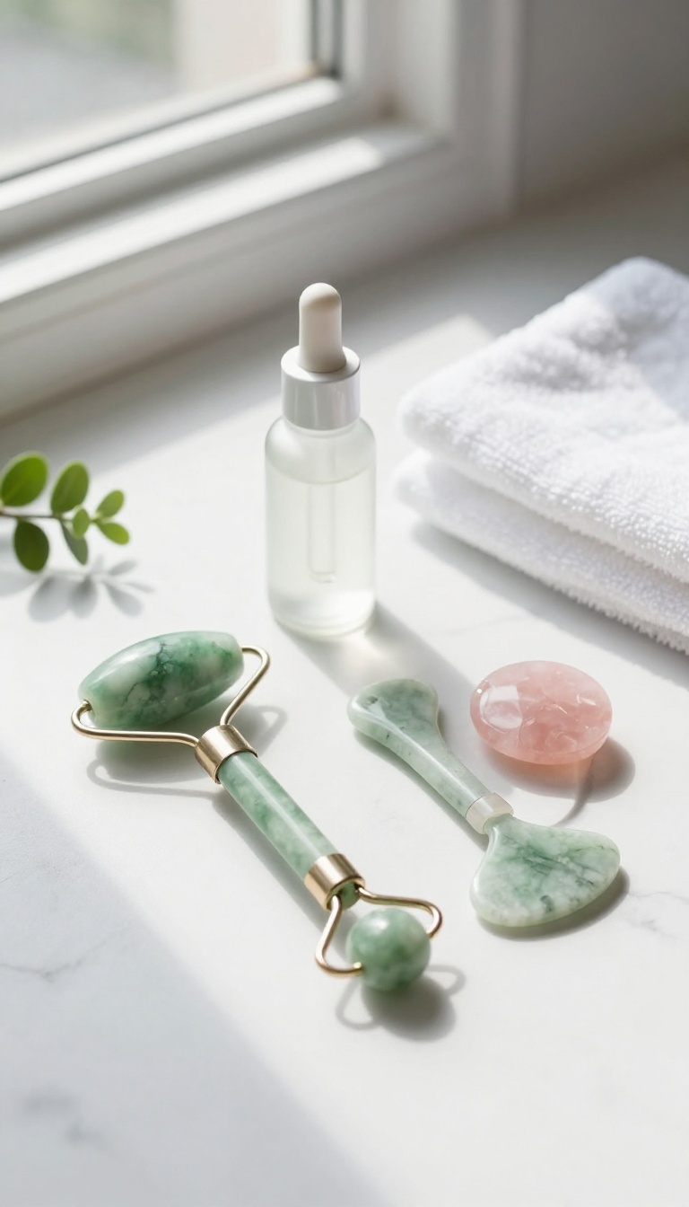 Jade roller and gua sha tools on a marble countertop with a serum bottle in soft natural light