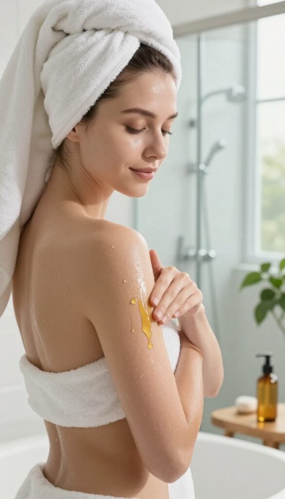 Woman applying body oil on damp skin after shower for a glowing, dewy finish.