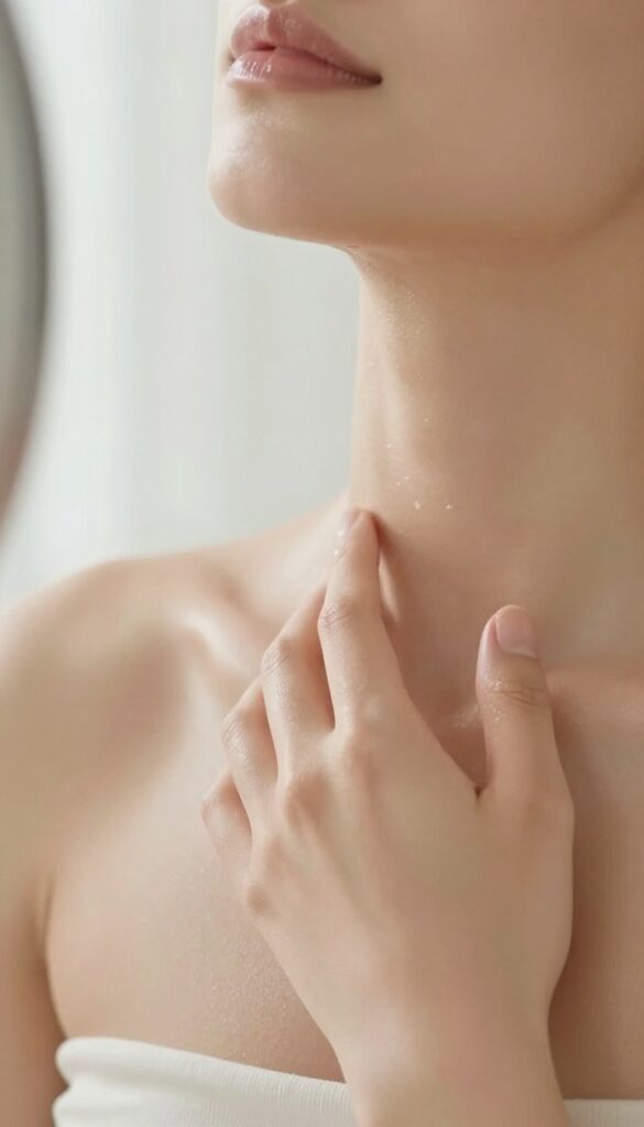 Woman applying skincare product to her neck and chest, highlighting the importance of extending skincare routine beyond the face.