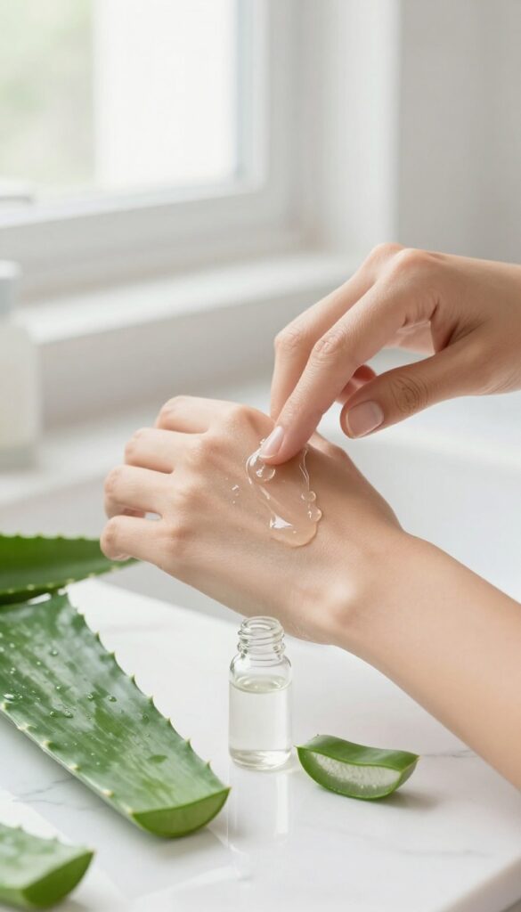 Applying aloe vera gel to smooth, glowing skin on a bright bathroom counter.