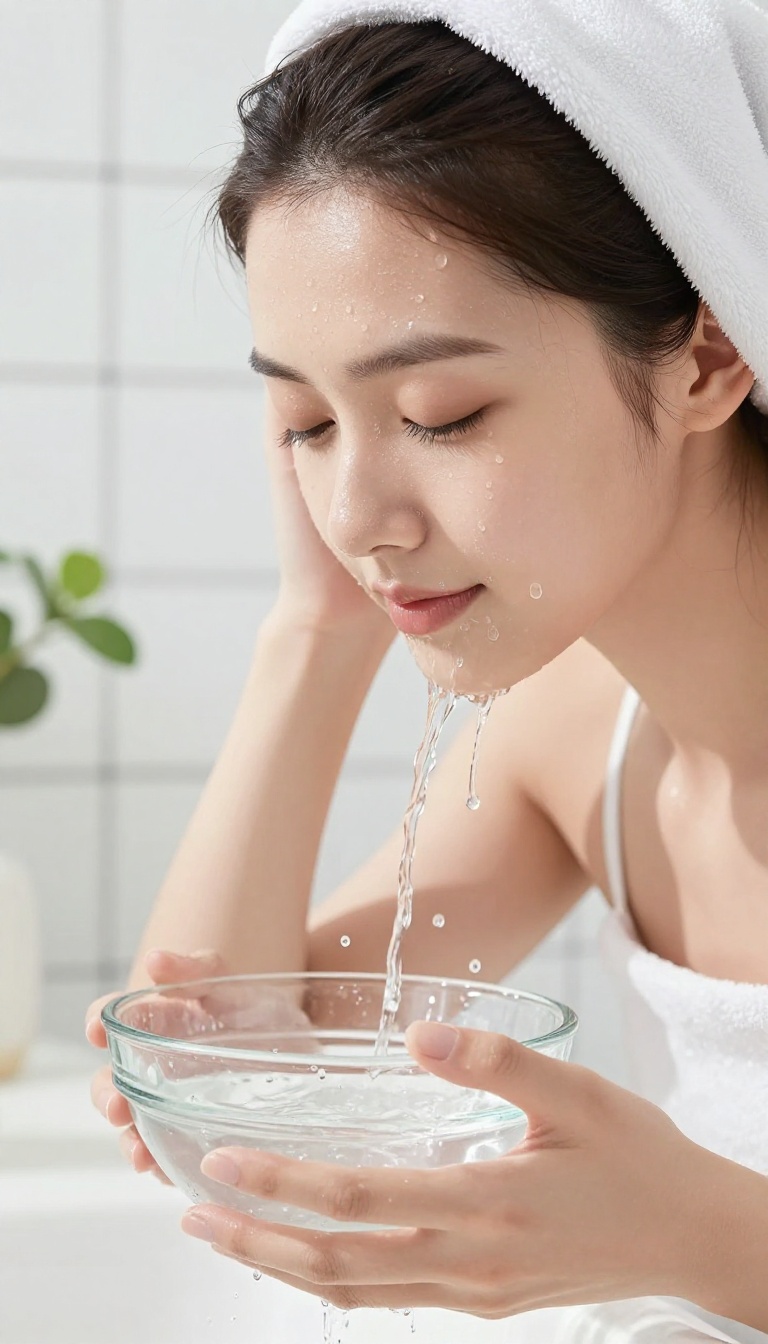 Woman splashing cold water on her face in the morning for a fresh glow