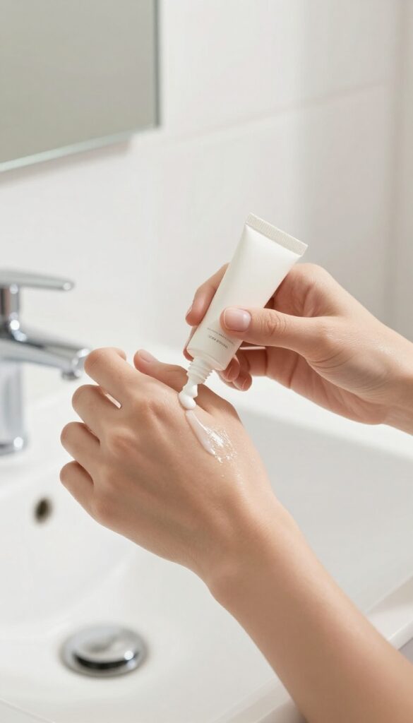 Hands applying hand cream after washing, with a tube of cream nearby