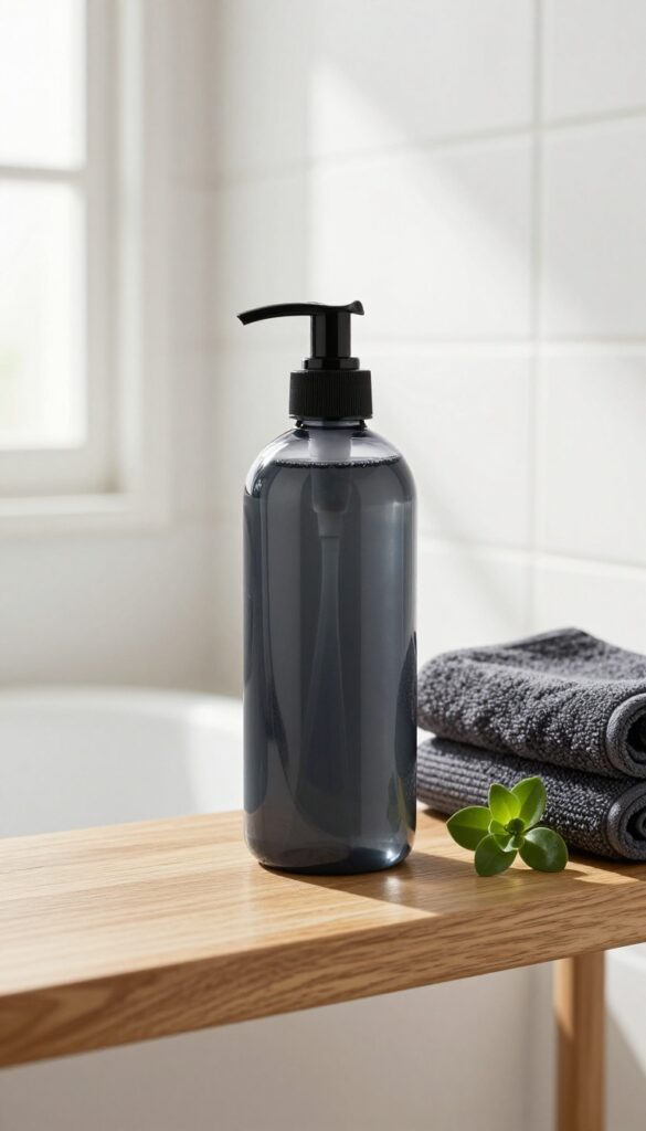 Charcoal body wash bottle on a bathroom shelf with a towel and plant in natural light.