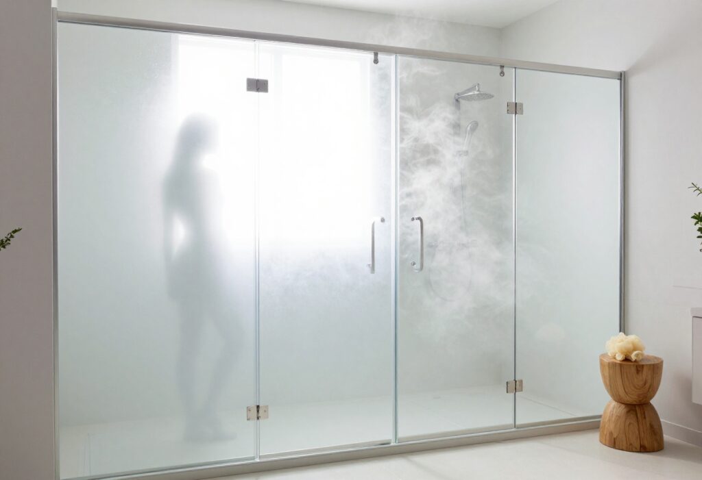 Person taking a refreshing shower in a bright, modern bathroom with steam and natural light