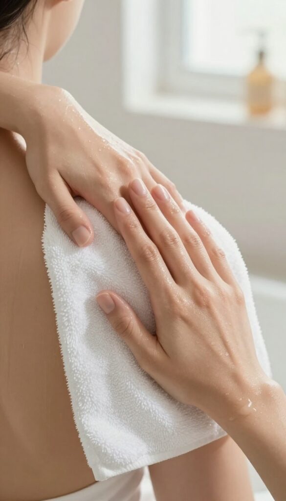 Person patting skin dry with a soft towel after a shower