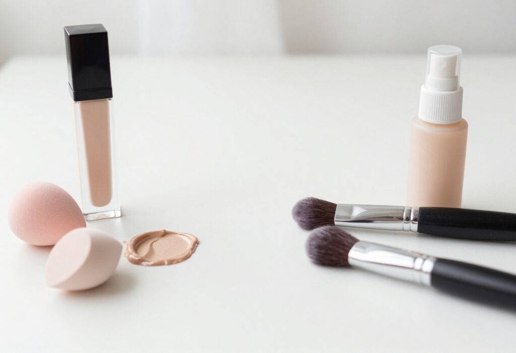 Makeup products for a glow look, including highlighter, sponge, and setting spray, arranged on a bright surface with soft light.