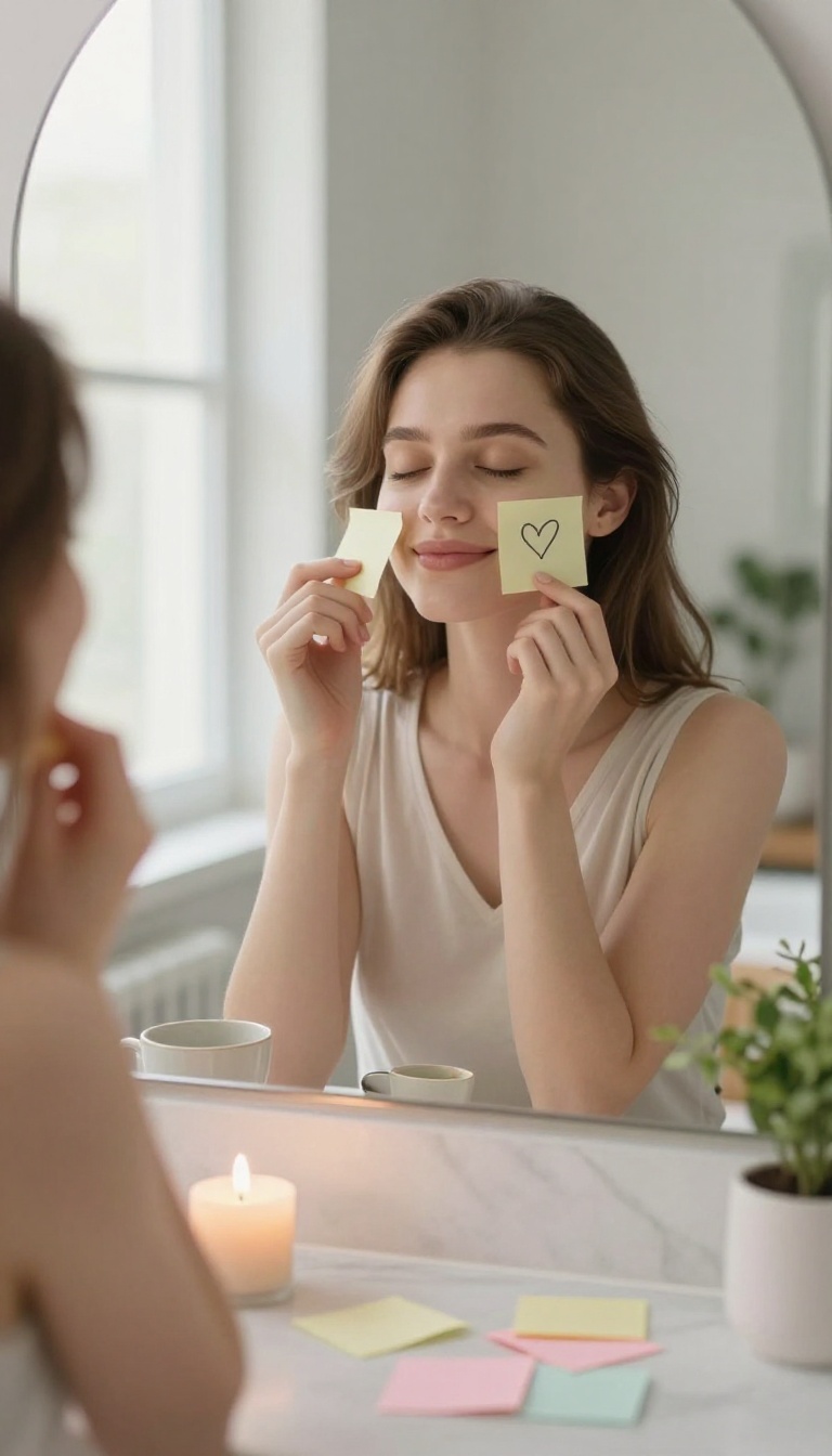 Woman practicing positive self-talk at a bright bathroom vanity with sticky notes and candle