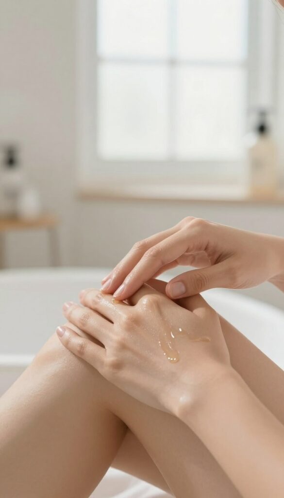 Woman massaging her arm with body oil in natural light