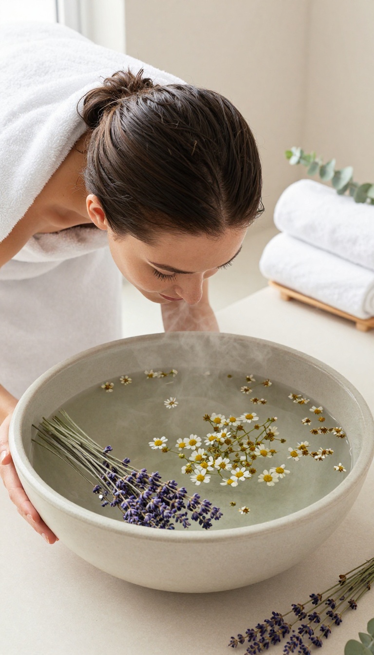 Woman enjoying a herbal facial steam with chamomile and lavender in a bright bathroom