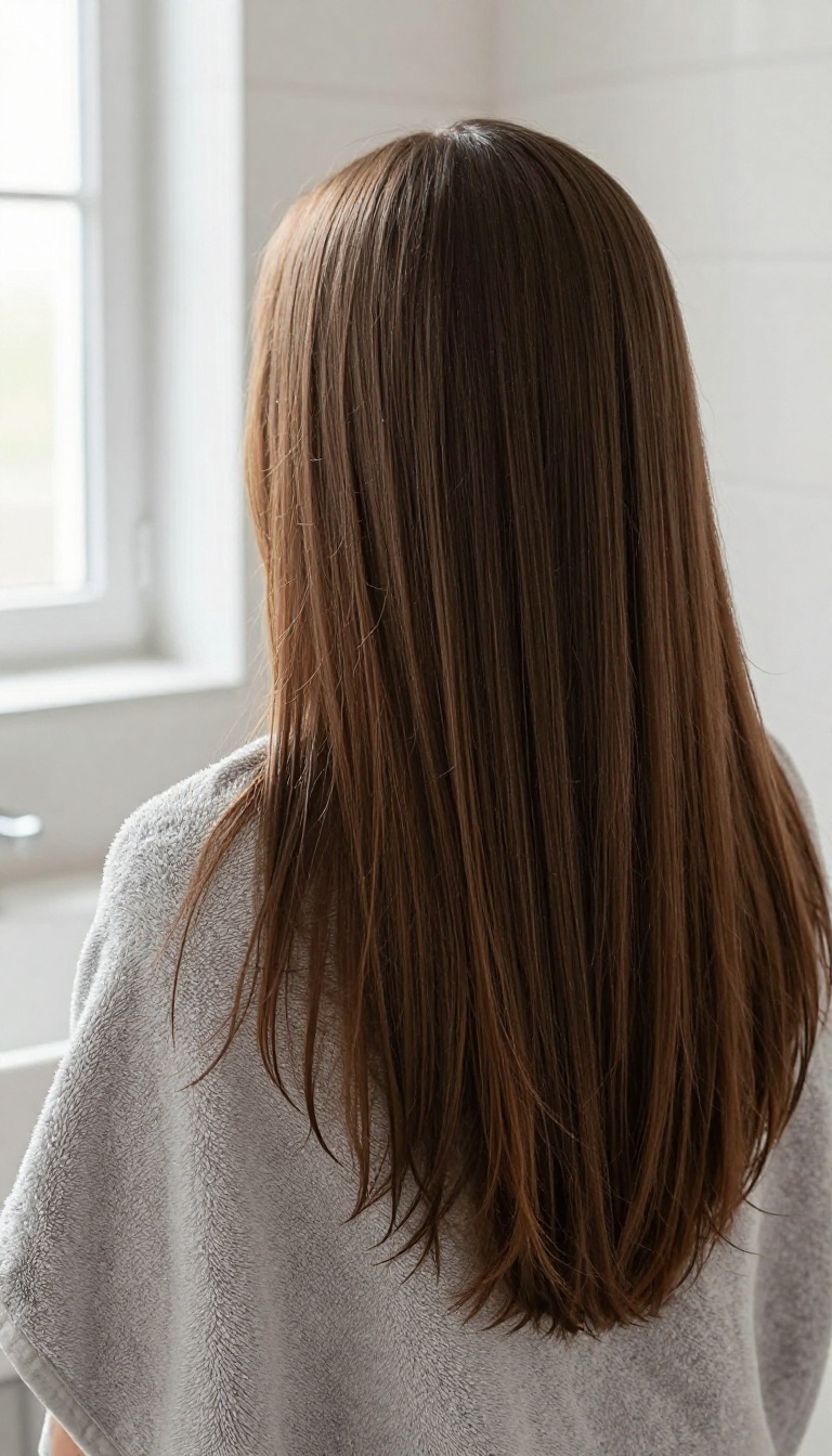 Woman gently wrapping her hair in a microfiber towel to reduce frizz and breakage