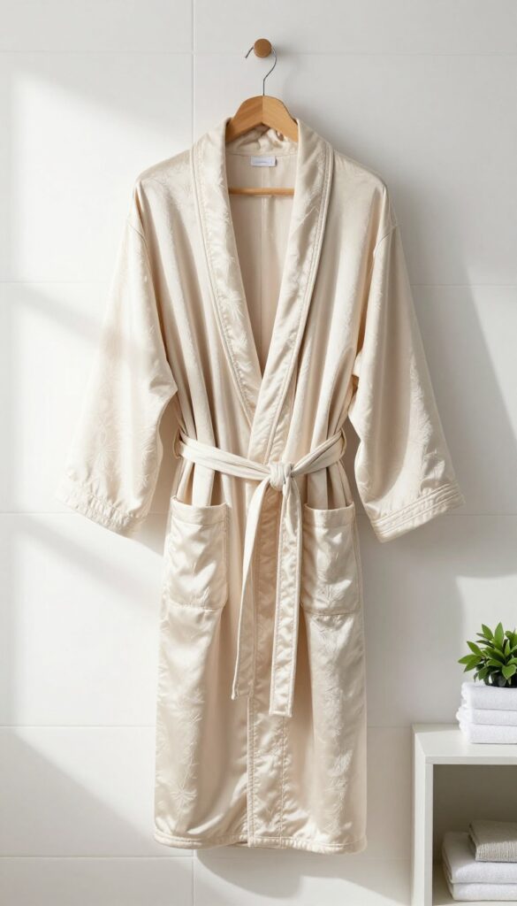 A soft ivory silk bathrobe hanging on a hook in a bright, minimal bathroom with natural light and a green plant.
