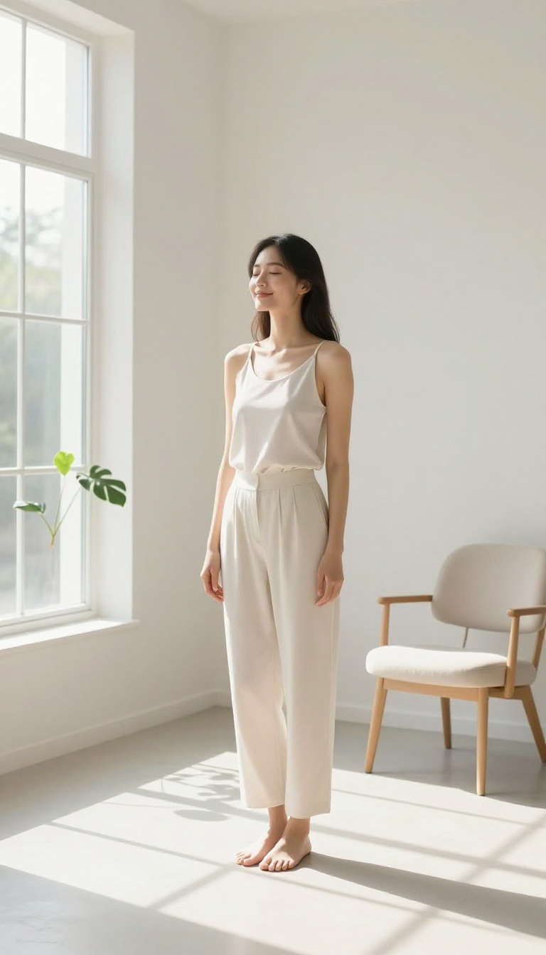 Woman visualizing her best self in a bright, peaceful room
