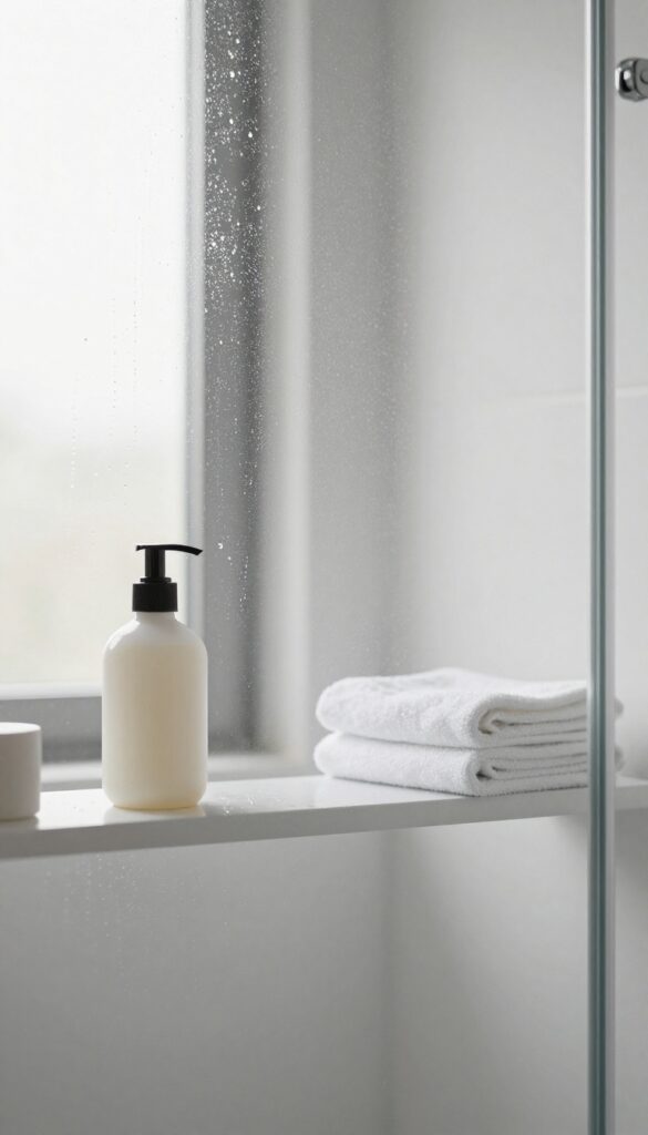 Bathroom shelf with body lotion and towel after a shower
