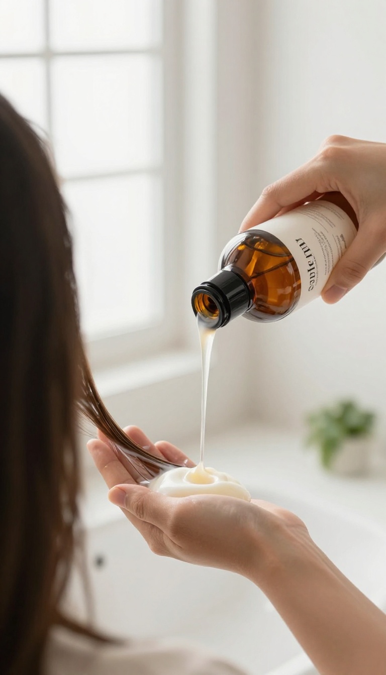 Person applying sulfate-free shampoo to their palm in a bright bathroom, with healthy, shiny hair.