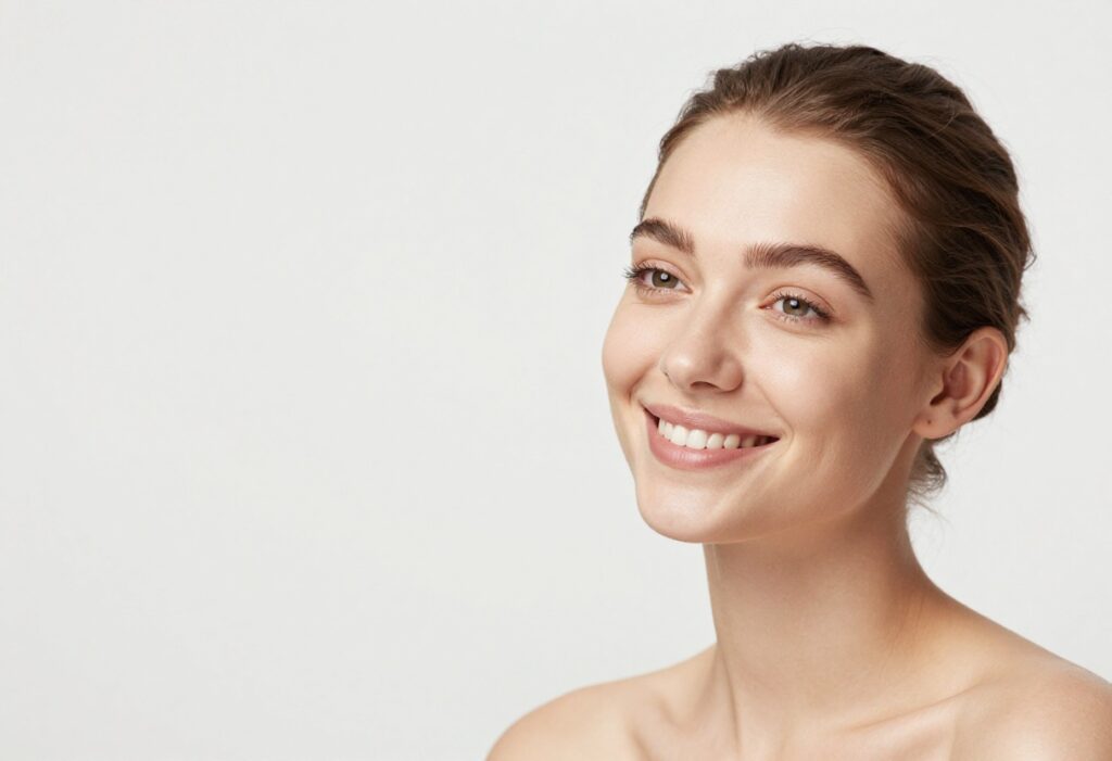 Person with glowing healthy skin smiling softly