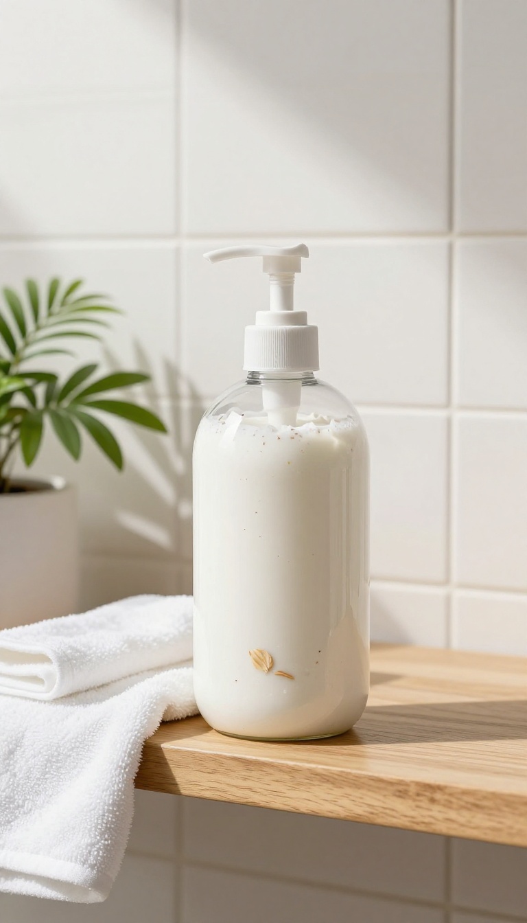 Coconut and oatmeal shower cream bottle in a bright, minimalist bathroom setting with natural light.