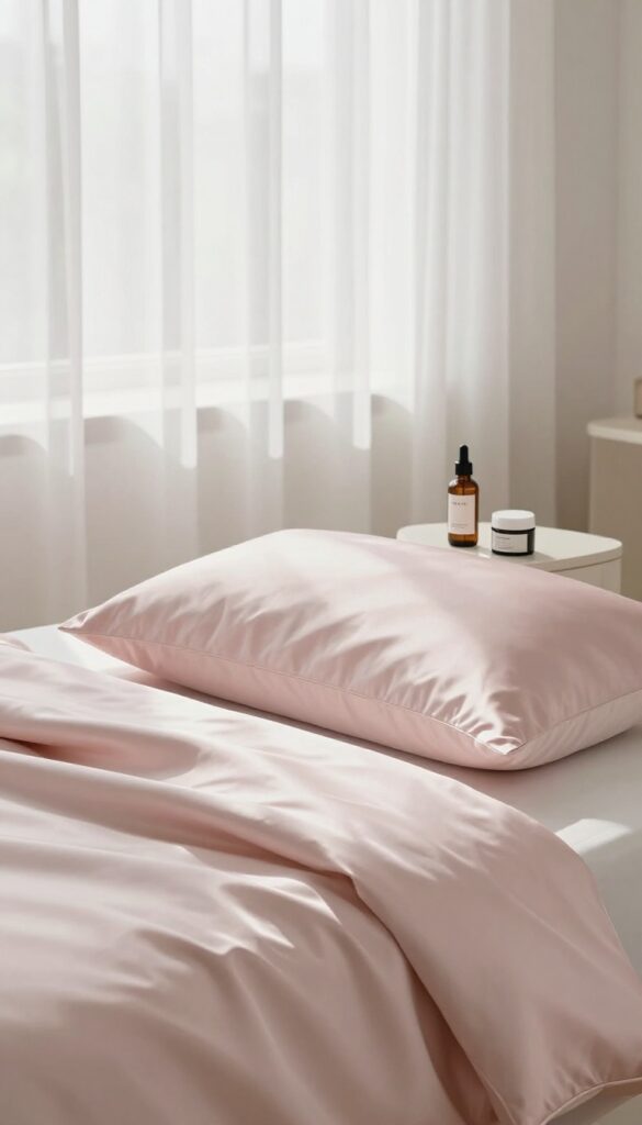 Silk pillowcase on a bed in bright, airy bedroom with skincare products on a bedside table