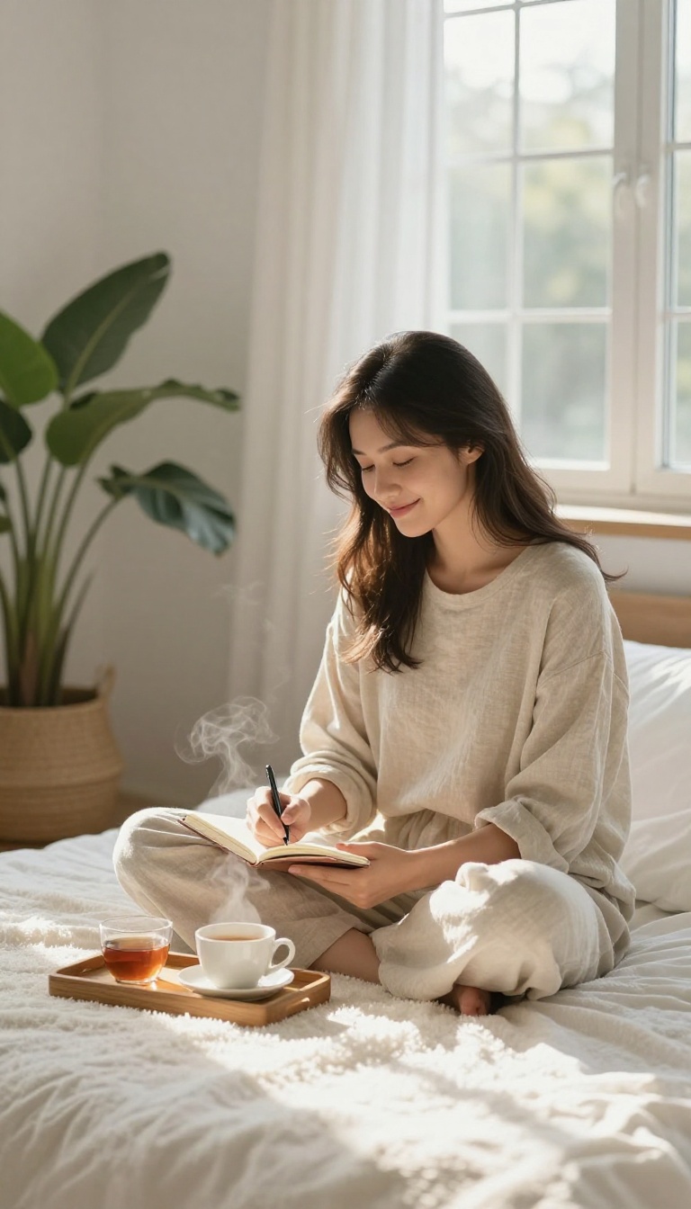 Woman writing in a notebook in a bright, cozy bedroom, reflecting on self-appreciation.