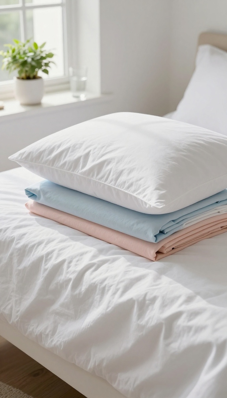 Fresh white pillowcase on a bed with a stack of clean pillowcases nearby, symbolizing the habit of changing pillowcases frequently for clearer skin