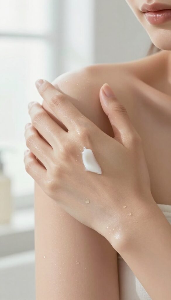 Applying shea butter on damp skin for smooth, hydrated skin
