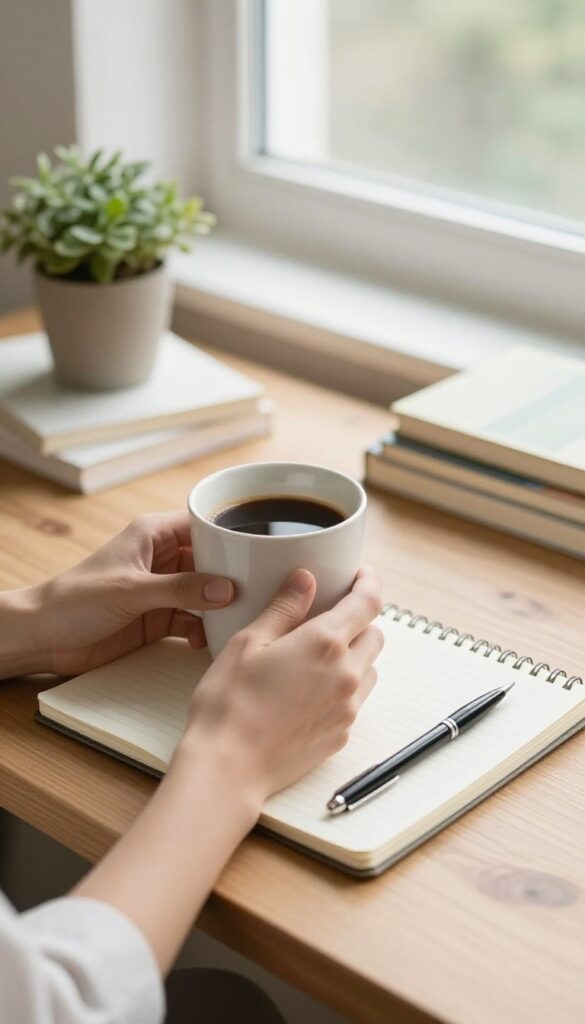 A person writing in a notebook with a cup of coffee nearby in soft morning light, symbolizing a gratitude practice.