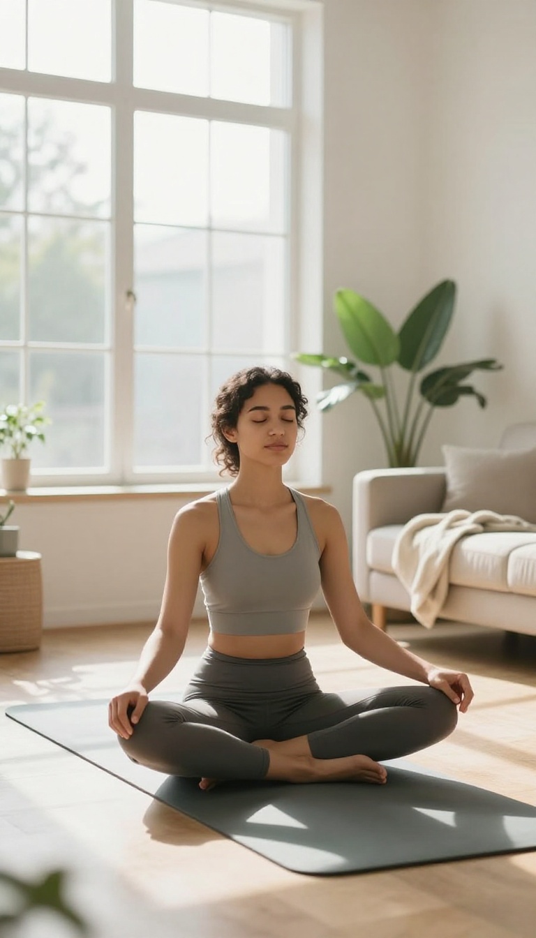 Woman practicing deep breathing in a bright, calm living room