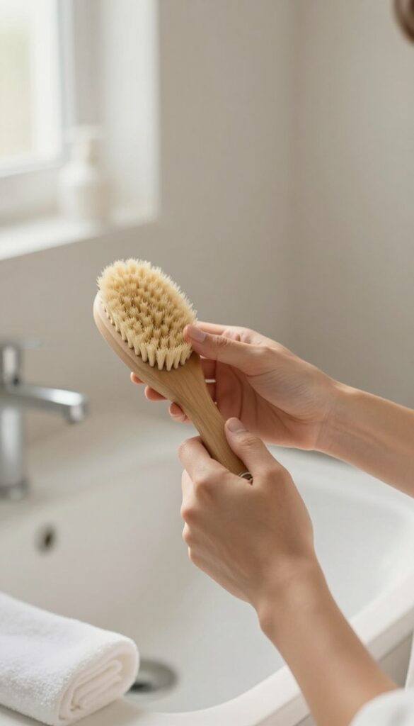 Woman dry brushing her arm with a natural bristle brush in a bright bathroom