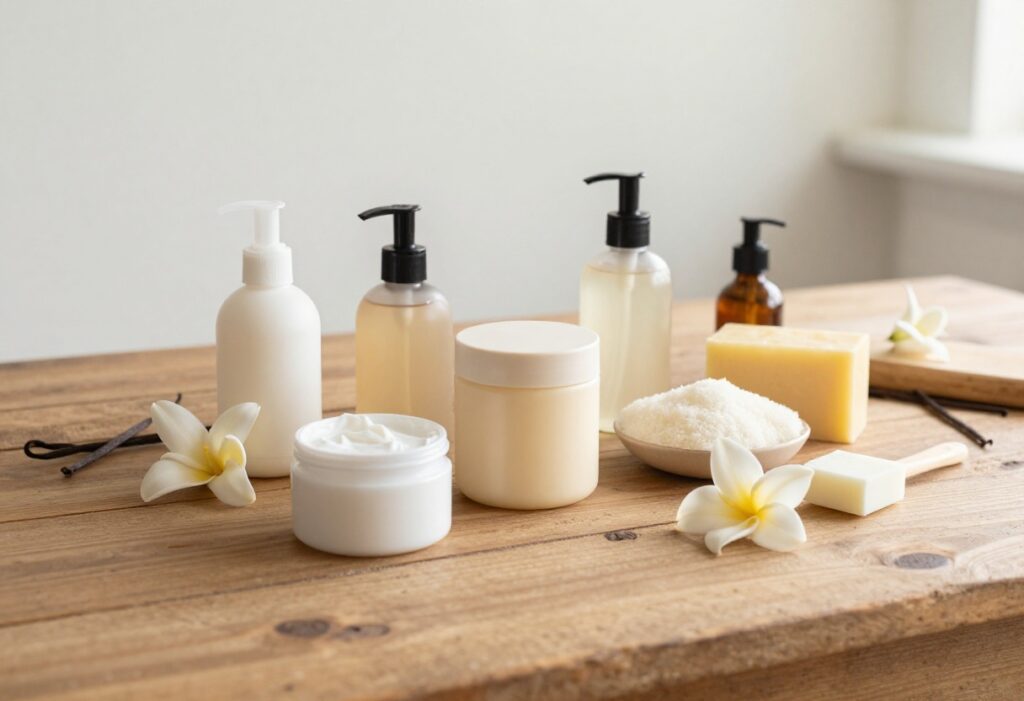 Vanilla body care products arranged on a wooden table with vanilla beans and flowers