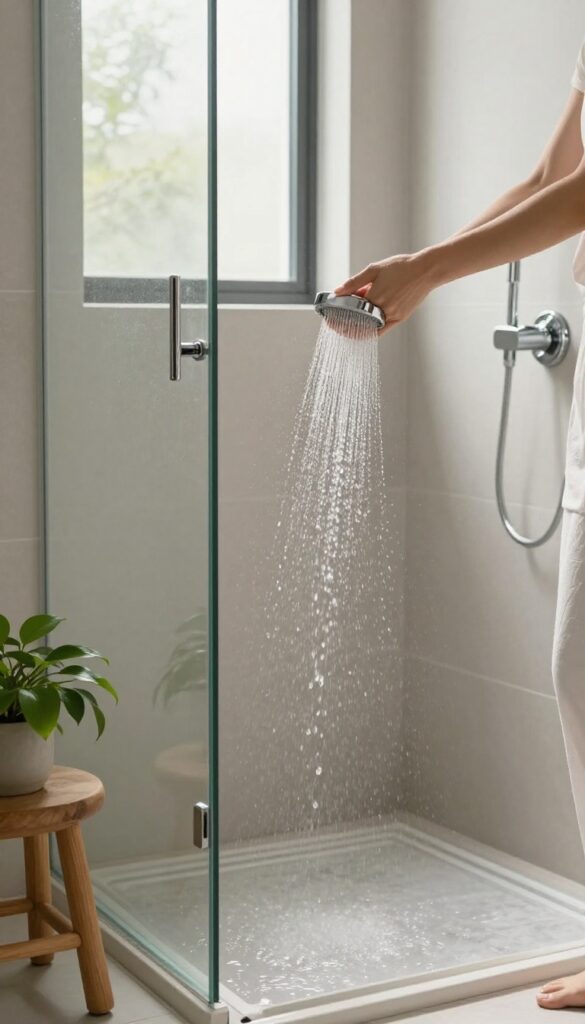 Person adjusting lukewarm shower water in a bright, modern bathroom